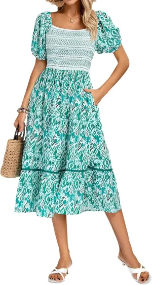 Kate Kasin Women's Summer Floral Boho Dresses Casual Square Neck Smocked Flowy Tiered Beach Midi Dress with Pockets