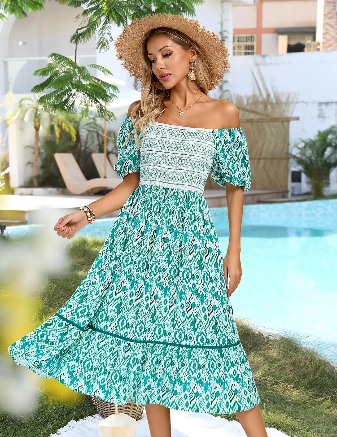Kate Kasin Women's Summer Floral Boho Dresses Casual Square Neck Smocked Flowy Tiered Beach Midi Dress with Pockets