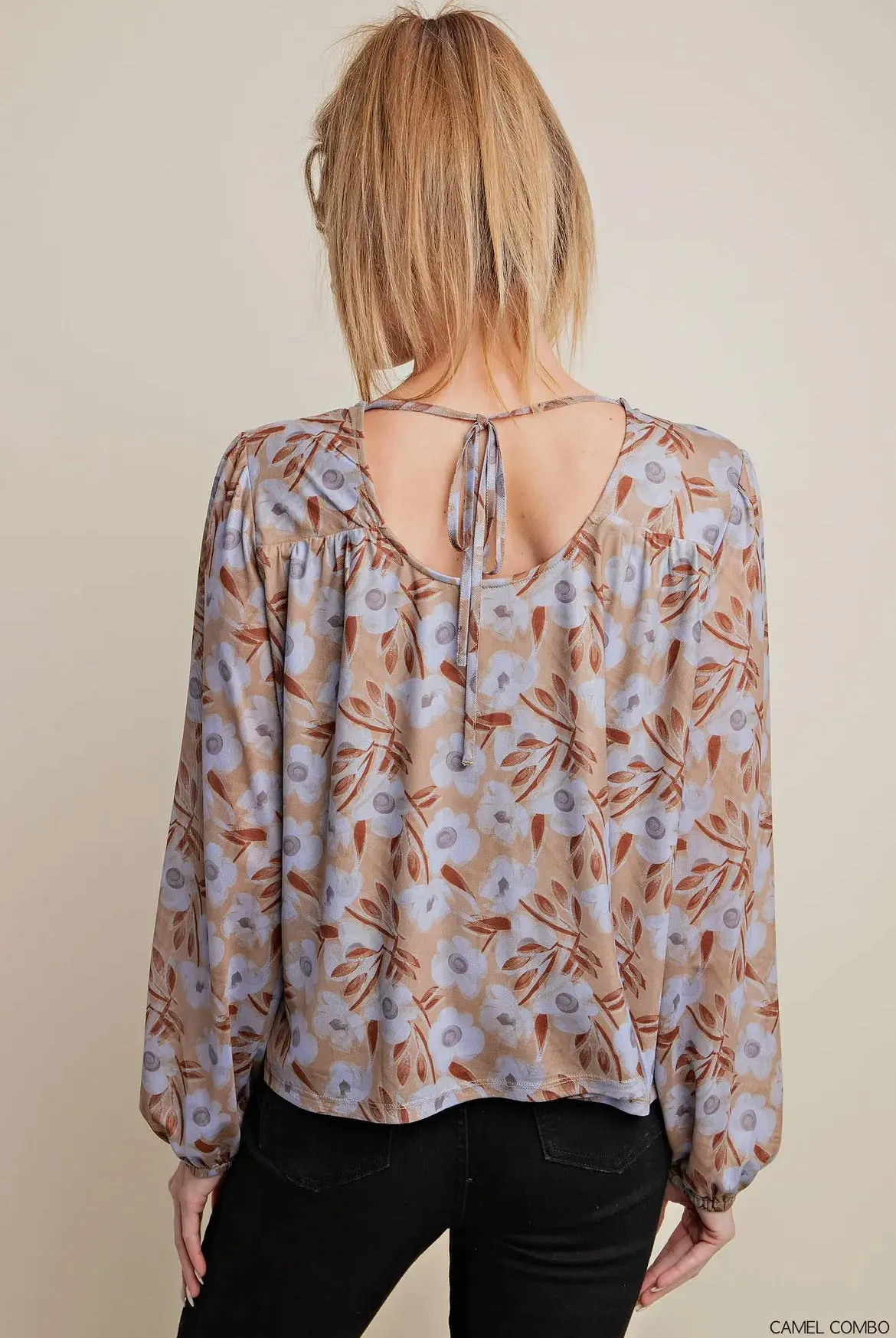 Kori Floral Mesh Lined Bubble Sleeve Top