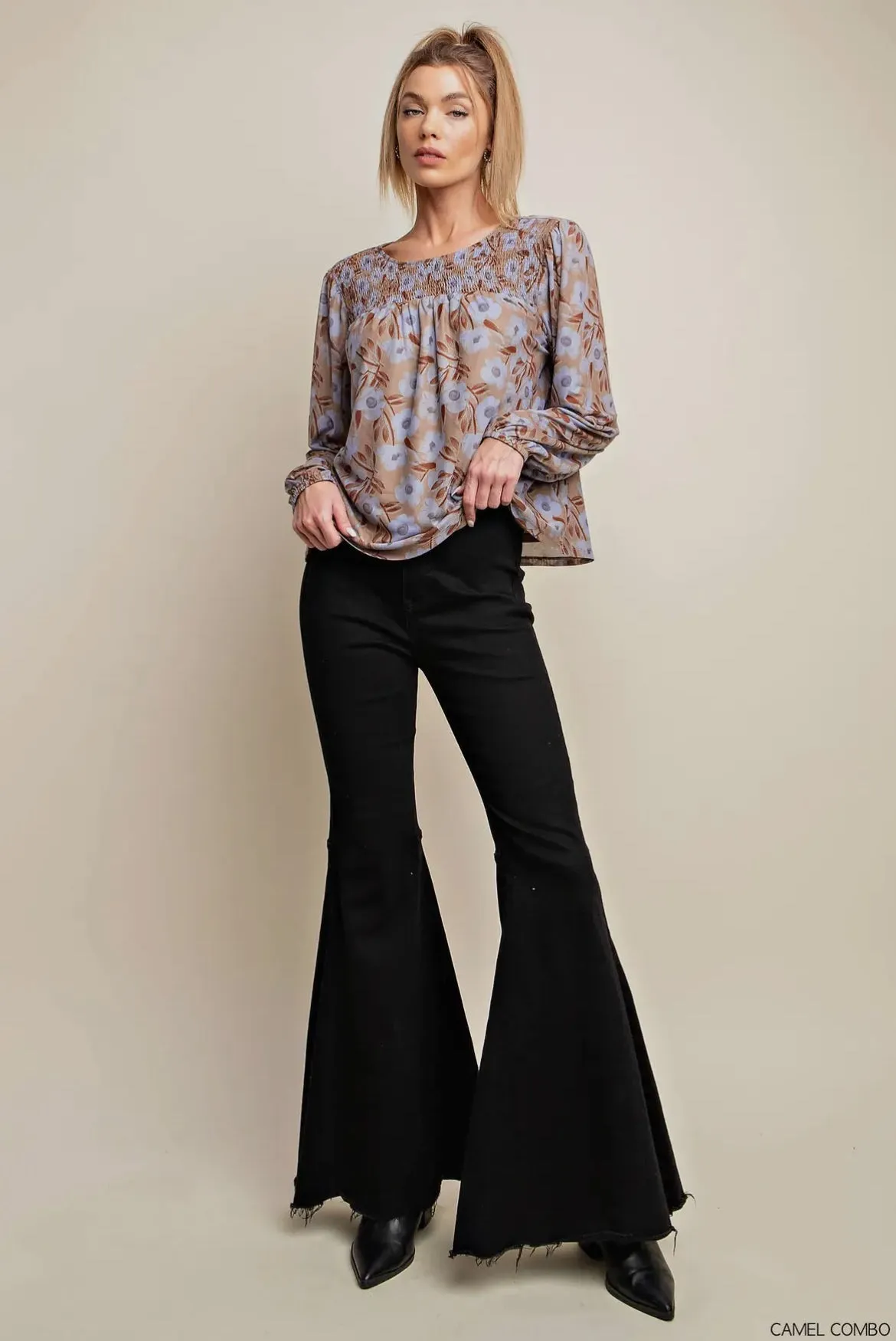 Kori Floral Mesh Lined Bubble Sleeve Top