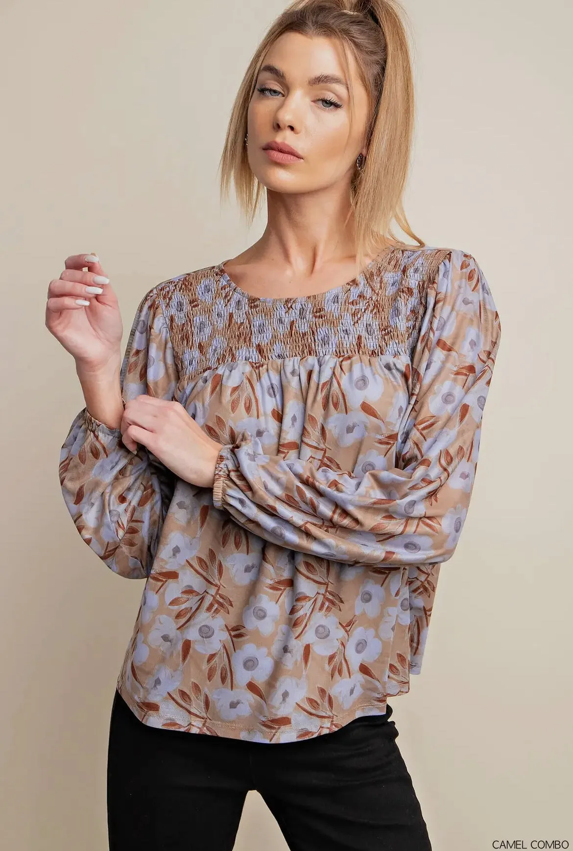 Kori Floral Mesh Lined Bubble Sleeve Top