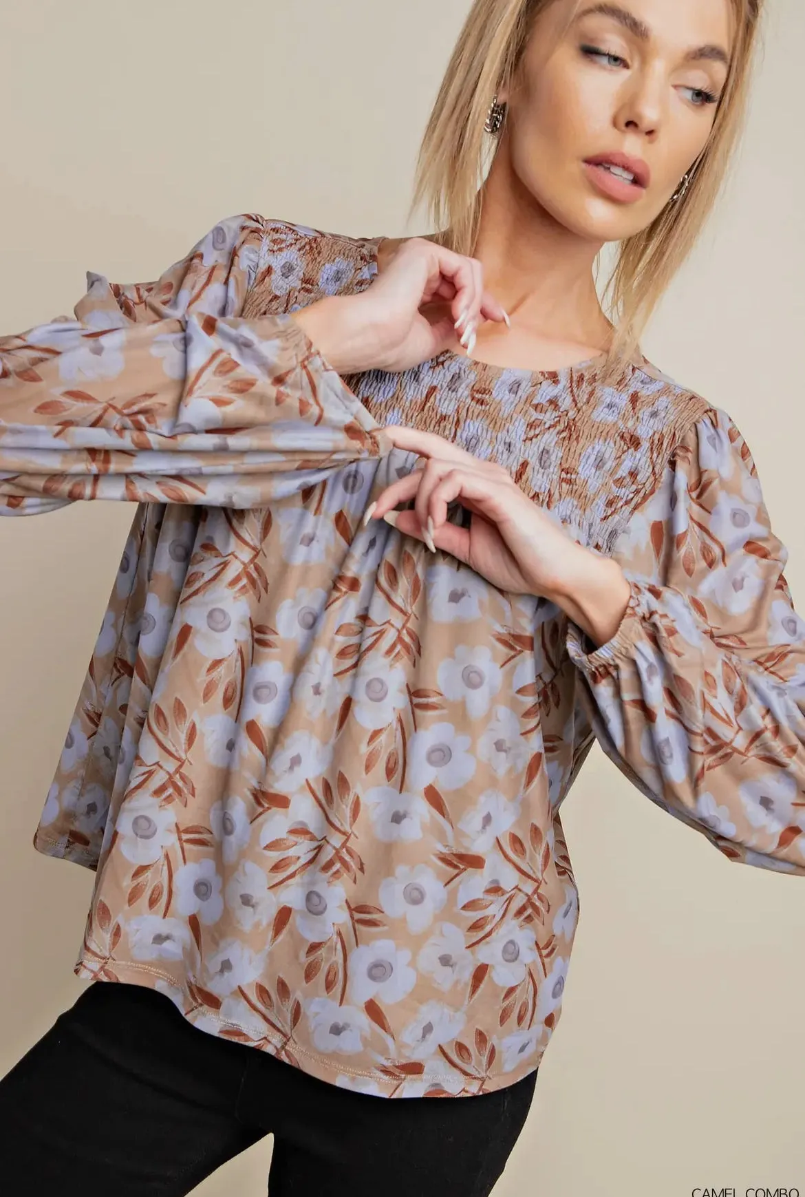 Kori Floral Mesh Lined Bubble Sleeve Top