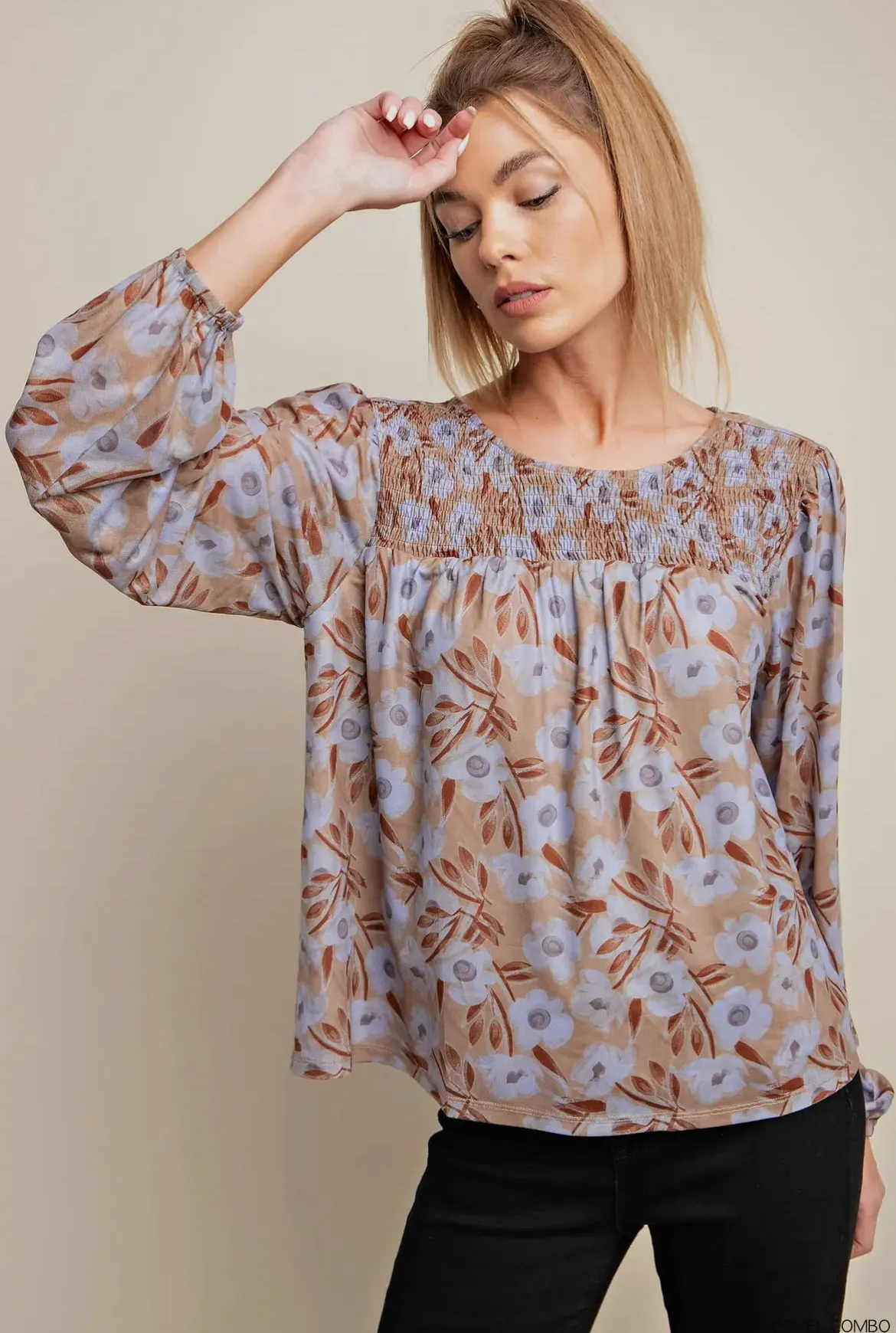 Kori Floral Mesh Lined Bubble Sleeve Top