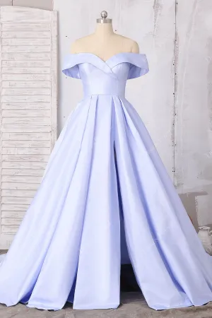 Lavender Satin Off-shoulder Thigh High Slit Elegant Evening Prom Dress