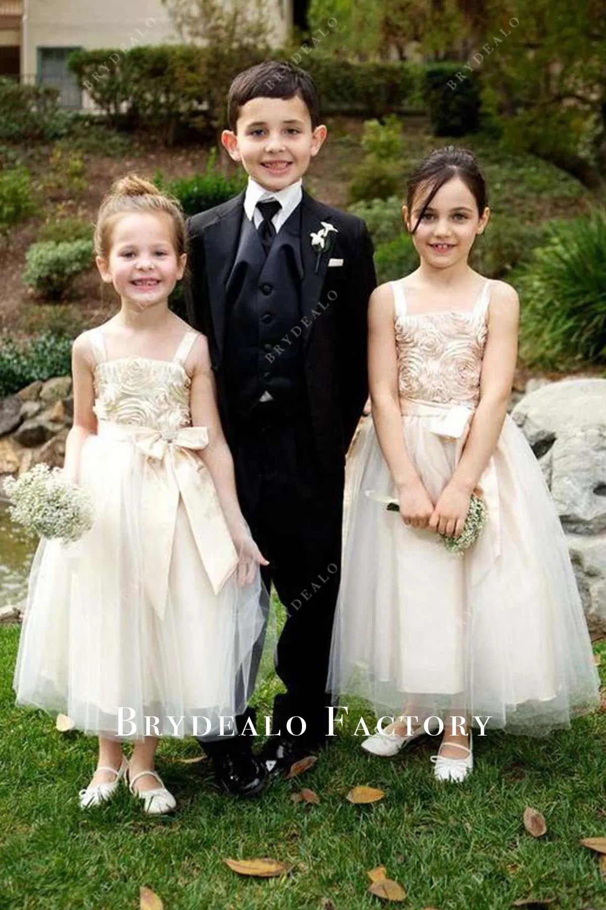 Light Champagne Square Neckline Bow Flower Girl Dress