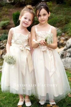 Light Champagne Square Neckline Bow Flower Girl Dress