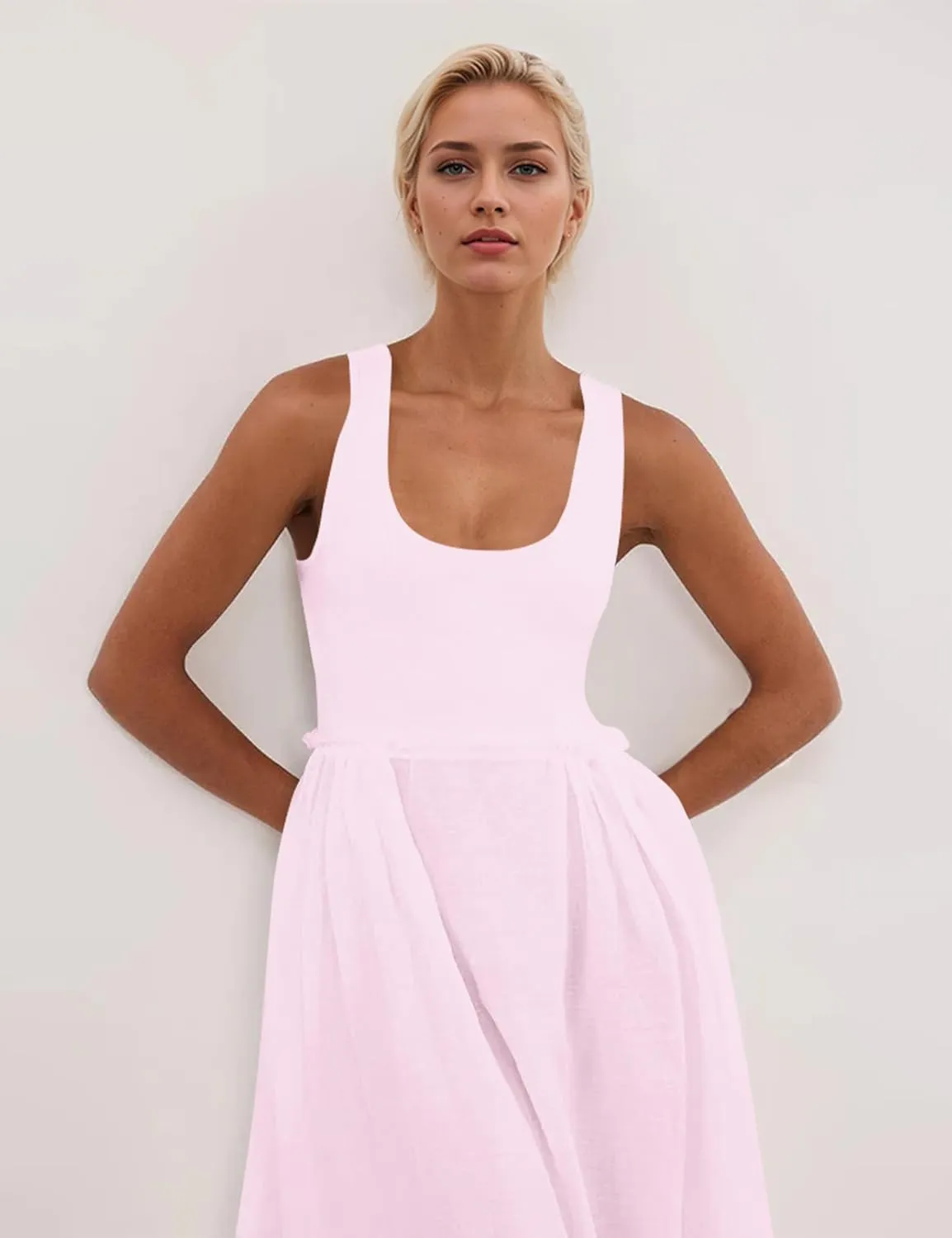 Livtany Women's Sleeveless Scoop Neck Ribbed Knit Midi Dress Raw Edge Sleeveless Patchwork Dress Flowy Sundress Side Pocket