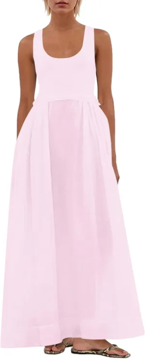Livtany Women's Sleeveless Scoop Neck Ribbed Knit Midi Dress Raw Edge Sleeveless Patchwork Dress Flowy Sundress Side Pocket