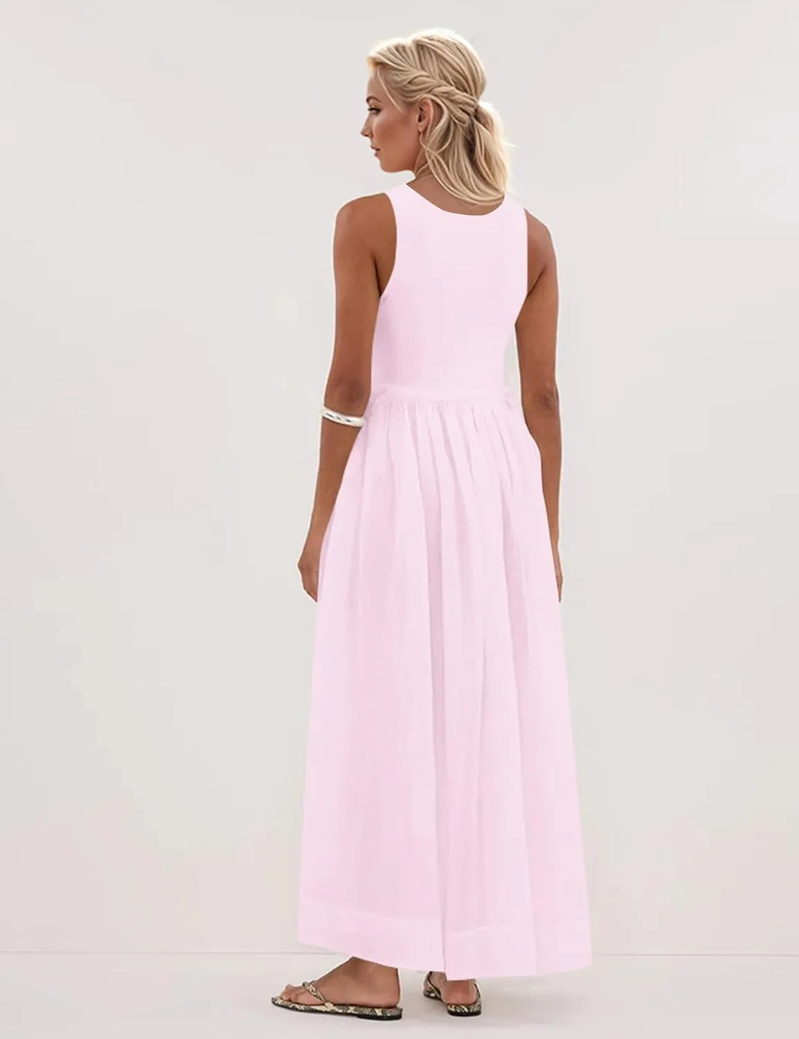 Livtany Women's Sleeveless Scoop Neck Ribbed Knit Midi Dress Raw Edge Sleeveless Patchwork Dress Flowy Sundress Side Pocket