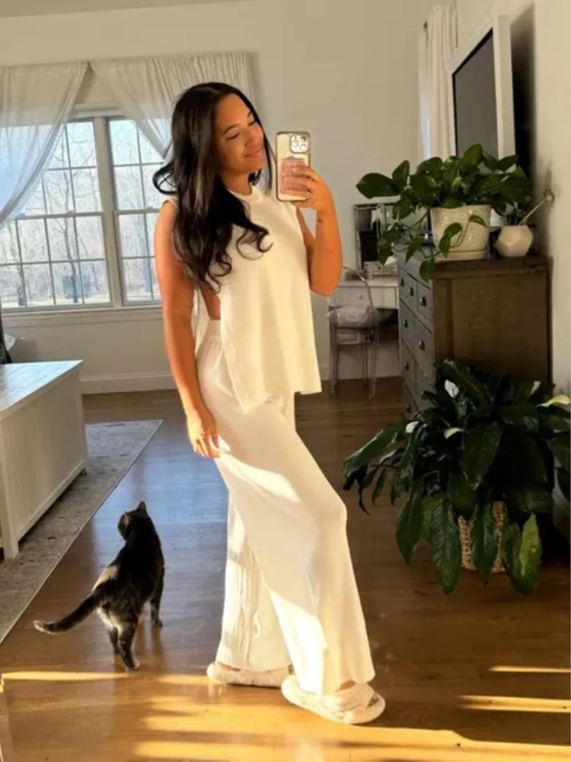 Lviefent Womens 2 Piece Outfits Sweater Set Sleeveless Side Slit Pullover Top Knit Wide Leg Pants Lounge Matching Sets