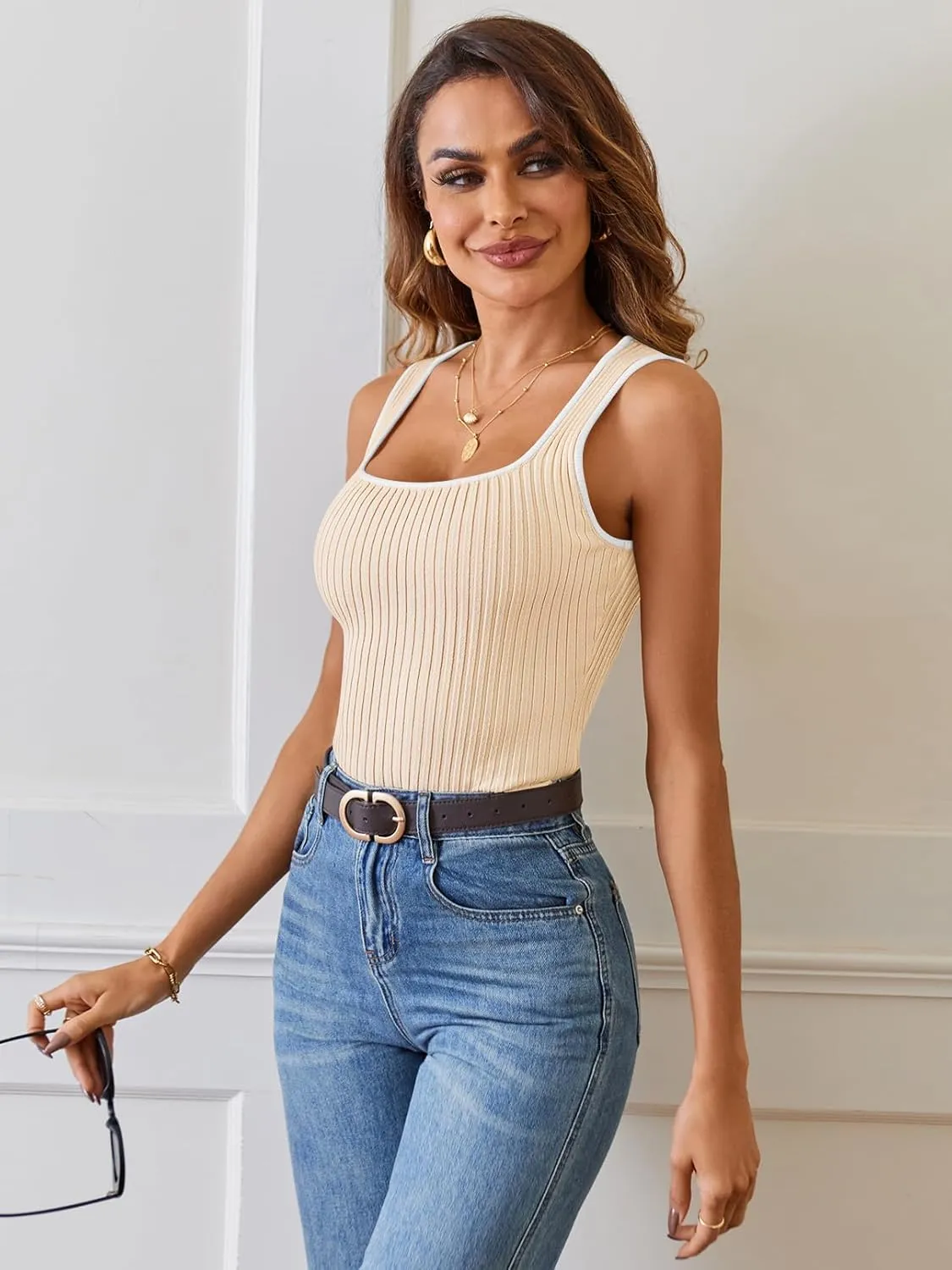 MEROKEETY Women's 2025 Sleeveless Ribbed Tank Tops Summer Square Neck Slim Fitted Color Block Basic Knit Tee Shirts