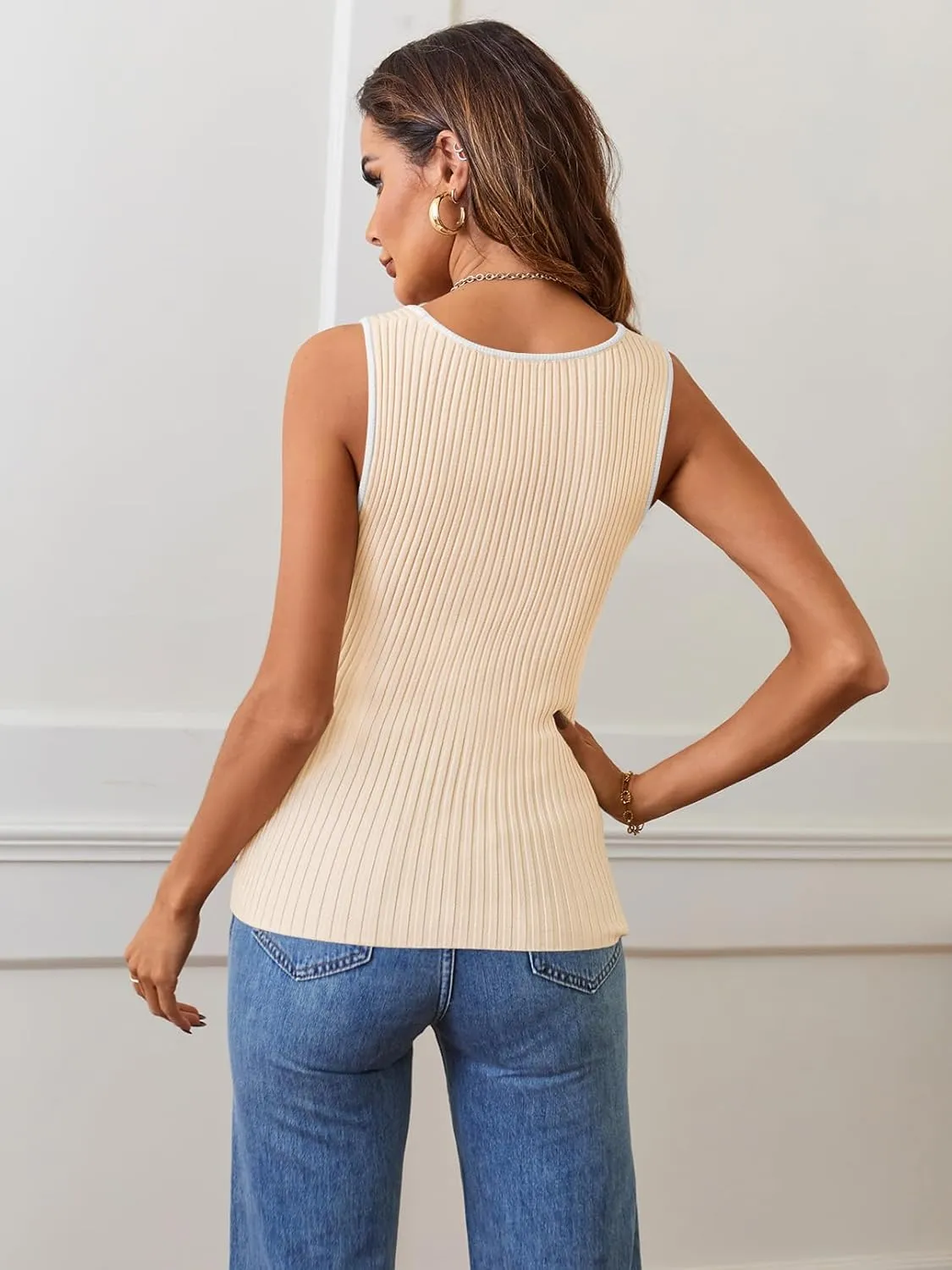 MEROKEETY Women's 2025 Sleeveless Ribbed Tank Tops Summer Square Neck Slim Fitted Color Block Basic Knit Tee Shirts