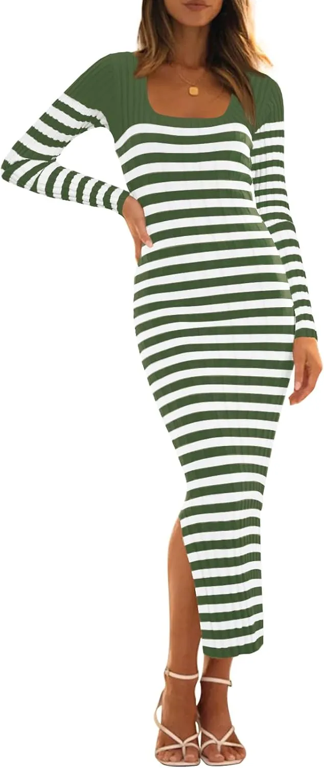 MEROKEETY Women's Fall Long Sleeve Striped Sweater Dress Bodycon Square Neck Ribbed Knit Slit Midi Dresses
