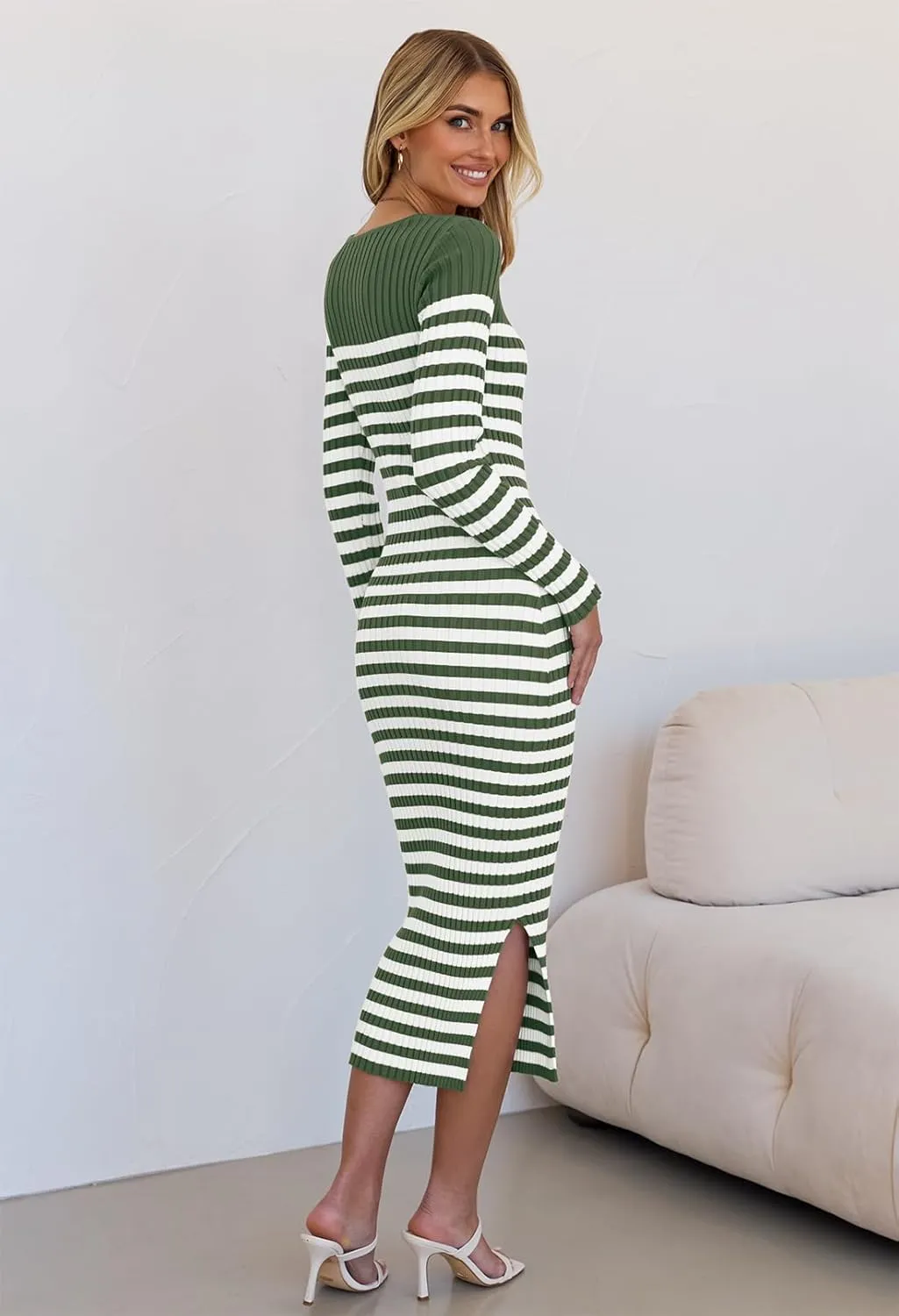 MEROKEETY Women's Fall Long Sleeve Striped Sweater Dress Bodycon Square Neck Ribbed Knit Slit Midi Dresses