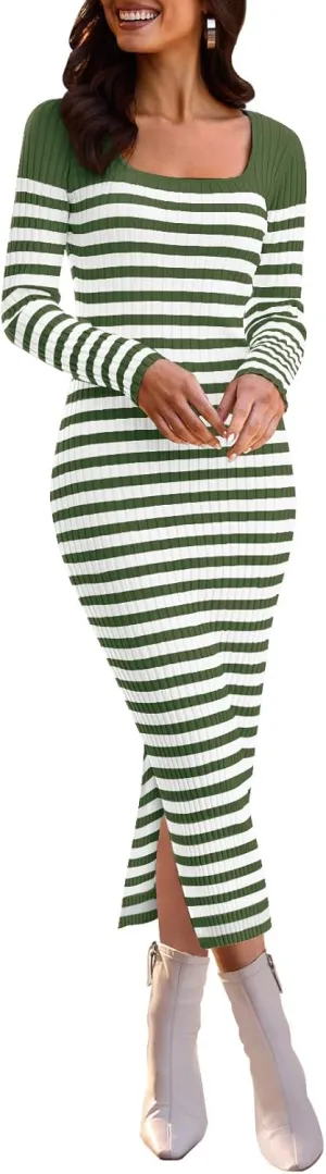 MEROKEETY Women's Fall Long Sleeve Striped Sweater Dress Bodycon Square Neck Ribbed Knit Slit Midi Dresses