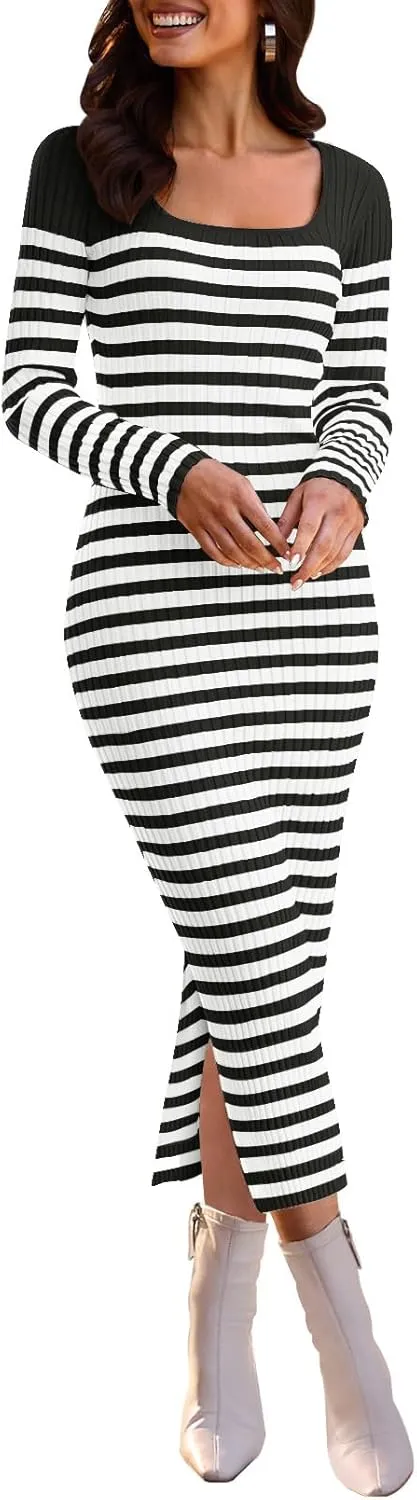 MEROKEETY Women's Fall Long Sleeve Striped Sweater Dress Bodycon Square Neck Ribbed Knit Slit Midi Dresses