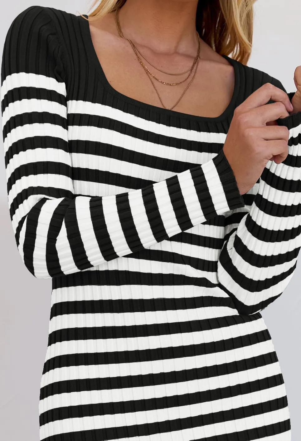 MEROKEETY Women's Fall Long Sleeve Striped Sweater Dress Bodycon Square Neck Ribbed Knit Slit Midi Dresses