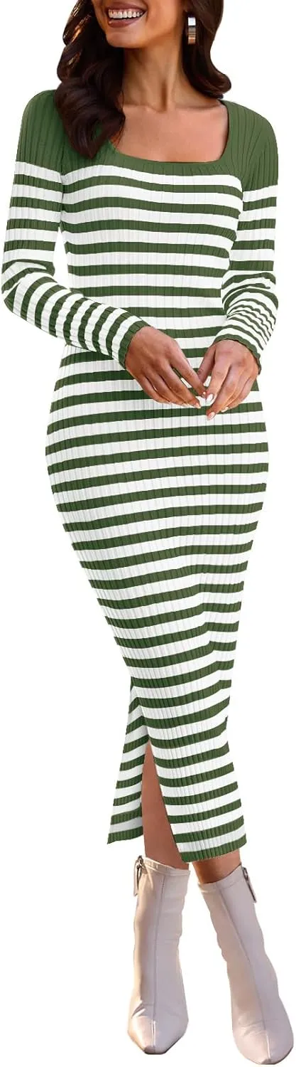 MEROKEETY Women's Fall Long Sleeve Striped Sweater Dress Bodycon Square Neck Ribbed Knit Slit Midi Dresses