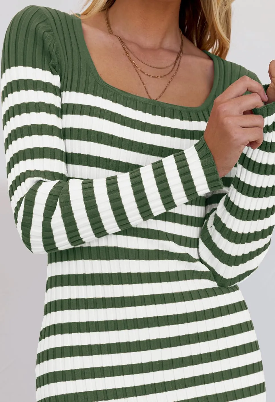 MEROKEETY Women's Fall Long Sleeve Striped Sweater Dress Bodycon Square Neck Ribbed Knit Slit Midi Dresses