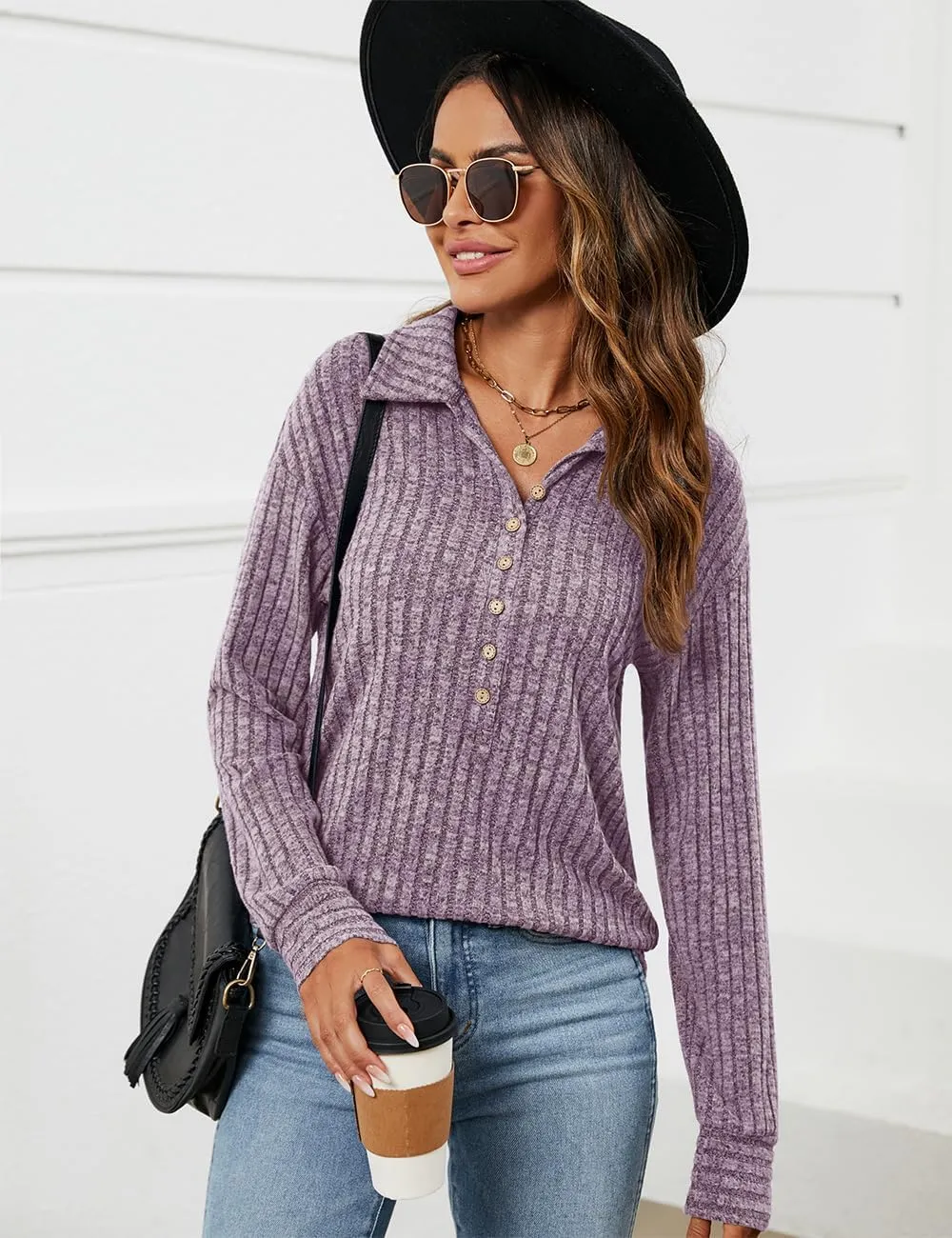 Micoson Women's Fall Casual Long Sleeve Button Blouses Ribbed Knit Fashion Collared Oversized Loose Fit Tunic Tops