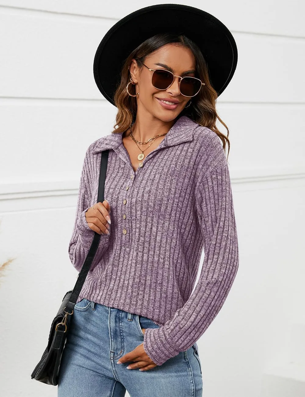 Micoson Women's Fall Casual Long Sleeve Button Blouses Ribbed Knit Fashion Collared Oversized Loose Fit Tunic Tops
