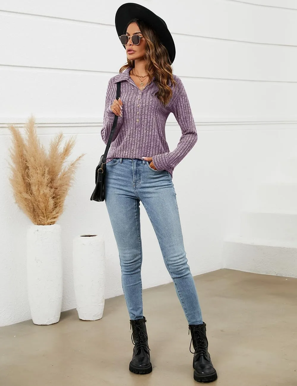 Micoson Women's Fall Casual Long Sleeve Button Blouses Ribbed Knit Fashion Collared Oversized Loose Fit Tunic Tops