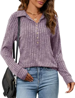 Micoson Women's Fall Casual Long Sleeve Button Blouses Ribbed Knit Fashion Collared Oversized Loose Fit Tunic Tops
