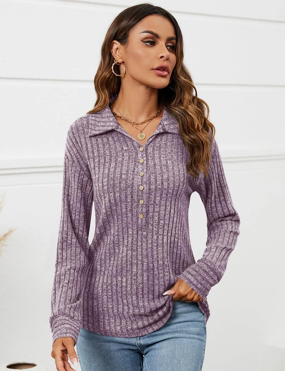 Micoson Women's Fall Casual Long Sleeve Button Blouses Ribbed Knit Fashion Collared Oversized Loose Fit Tunic Tops