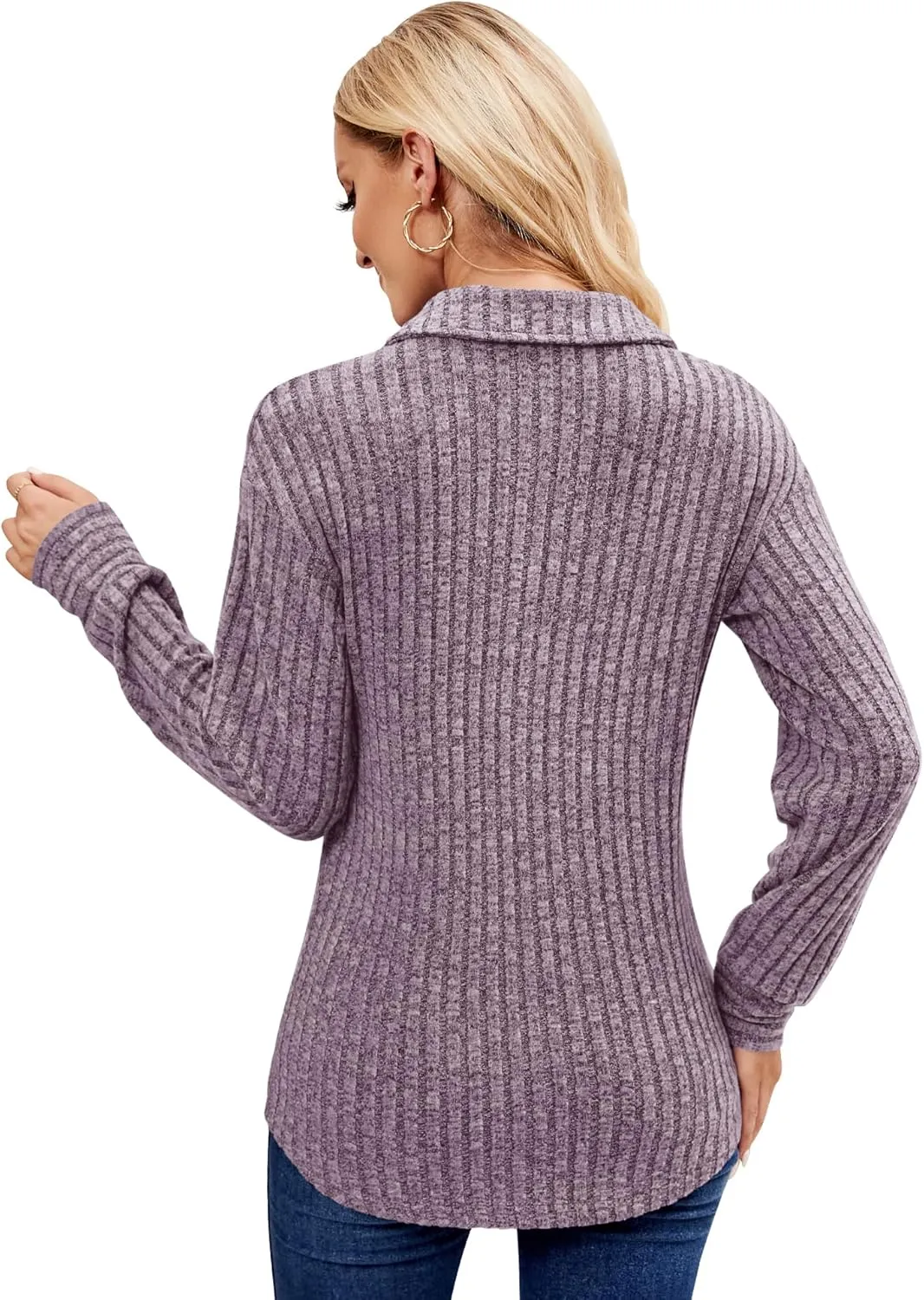 Micoson Women's Fall Casual Long Sleeve Button Blouses Ribbed Knit Fashion Collared Oversized Loose Fit Tunic Tops