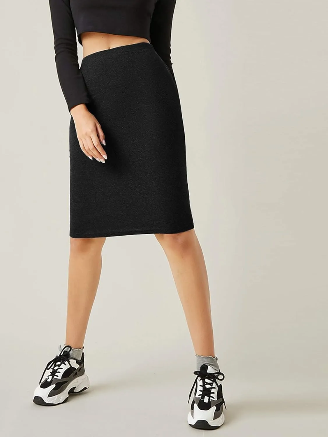 Milumia Women's Basic Stretchy Elastic High Waisted Bodycon Pencil Midi Skirt