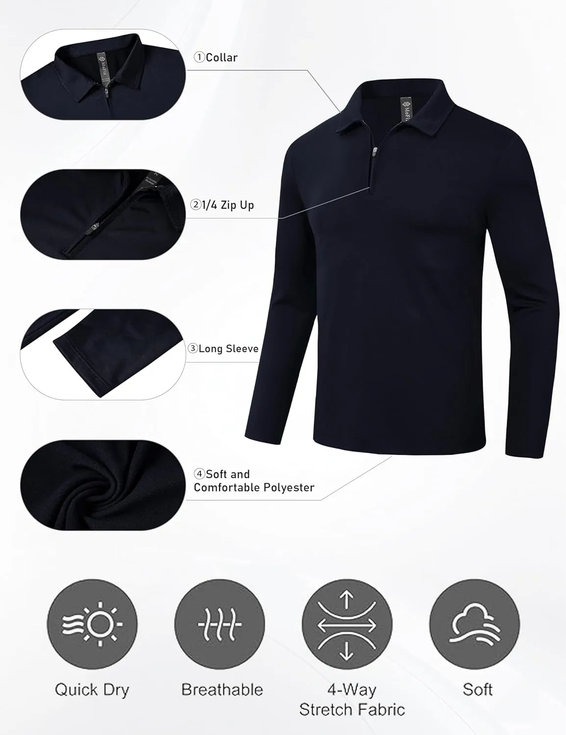 MoFiz Lightweight Men's Long Sleeve Polo Shirts Quarter Zipper Pullover Men's Polo Shirts