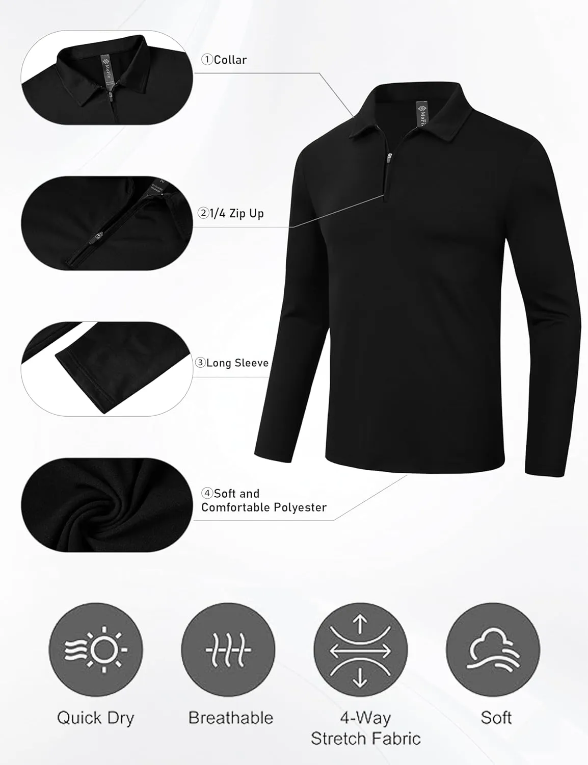 MoFiz Lightweight Men's Long Sleeve Polo Shirts Quarter Zipper Pullover Men's Polo Shirts