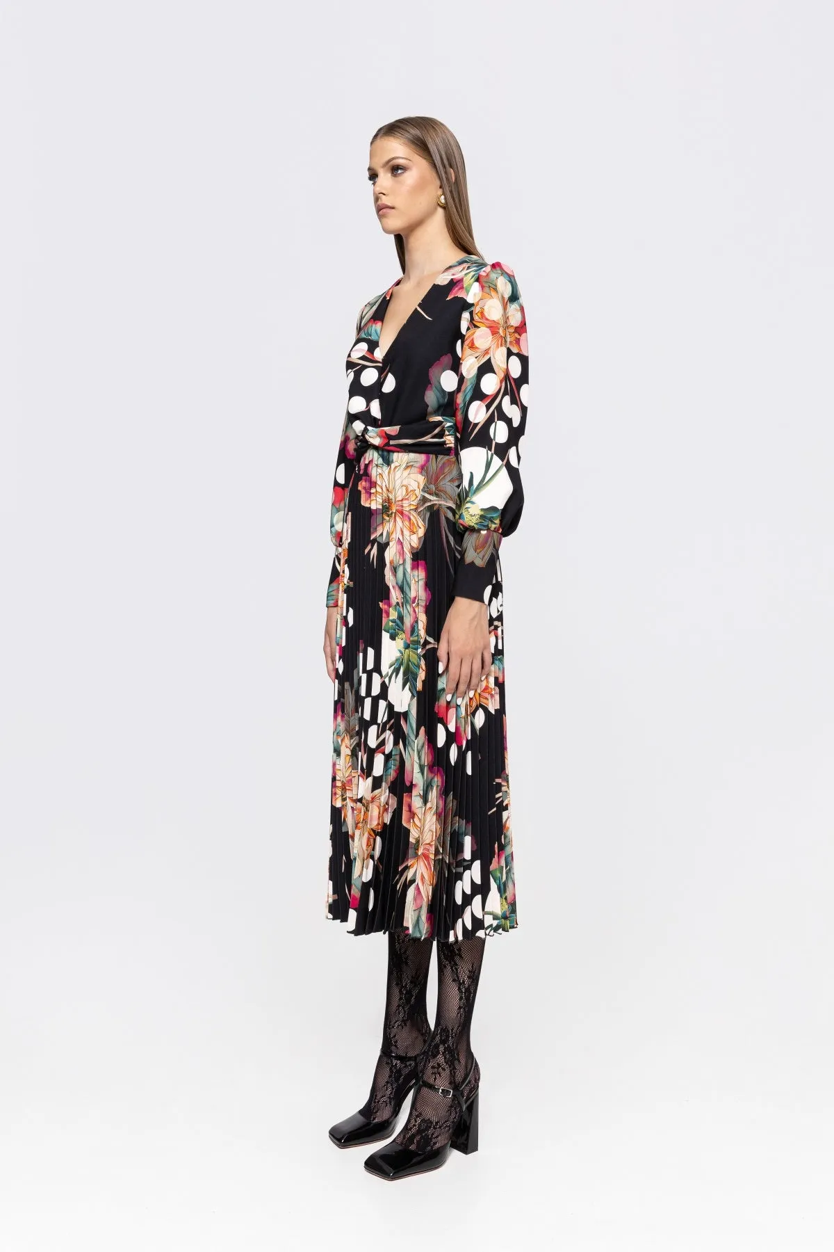 Nissa Pleated Dress With Floral/Polka Dot Print