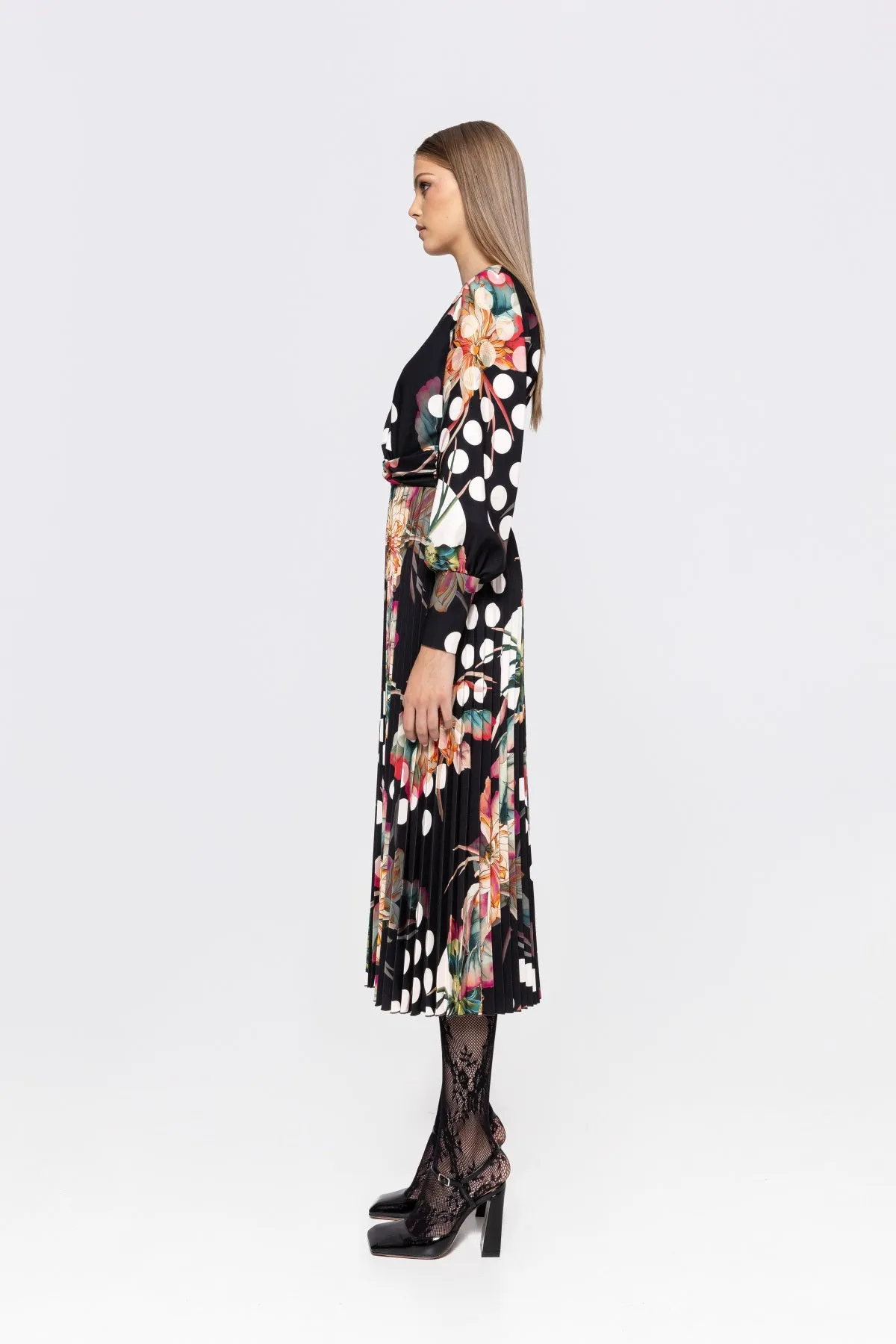 Nissa Pleated Dress With Floral/Polka Dot Print