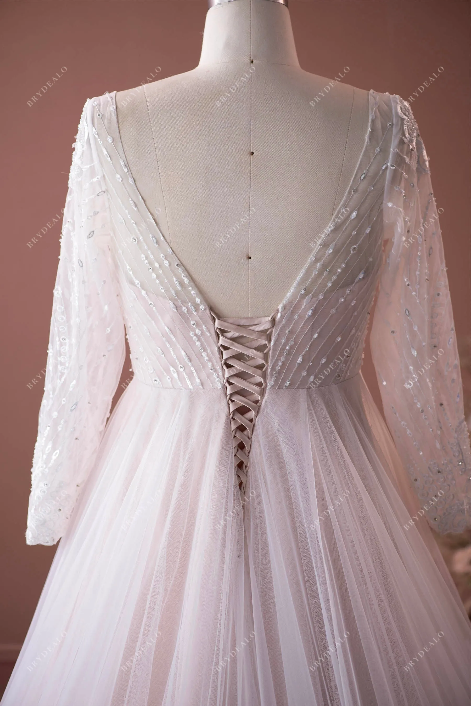 Nude Pink Plus Size Sheer Sleeve V-neck Elegant Lace Wedding Ballgown