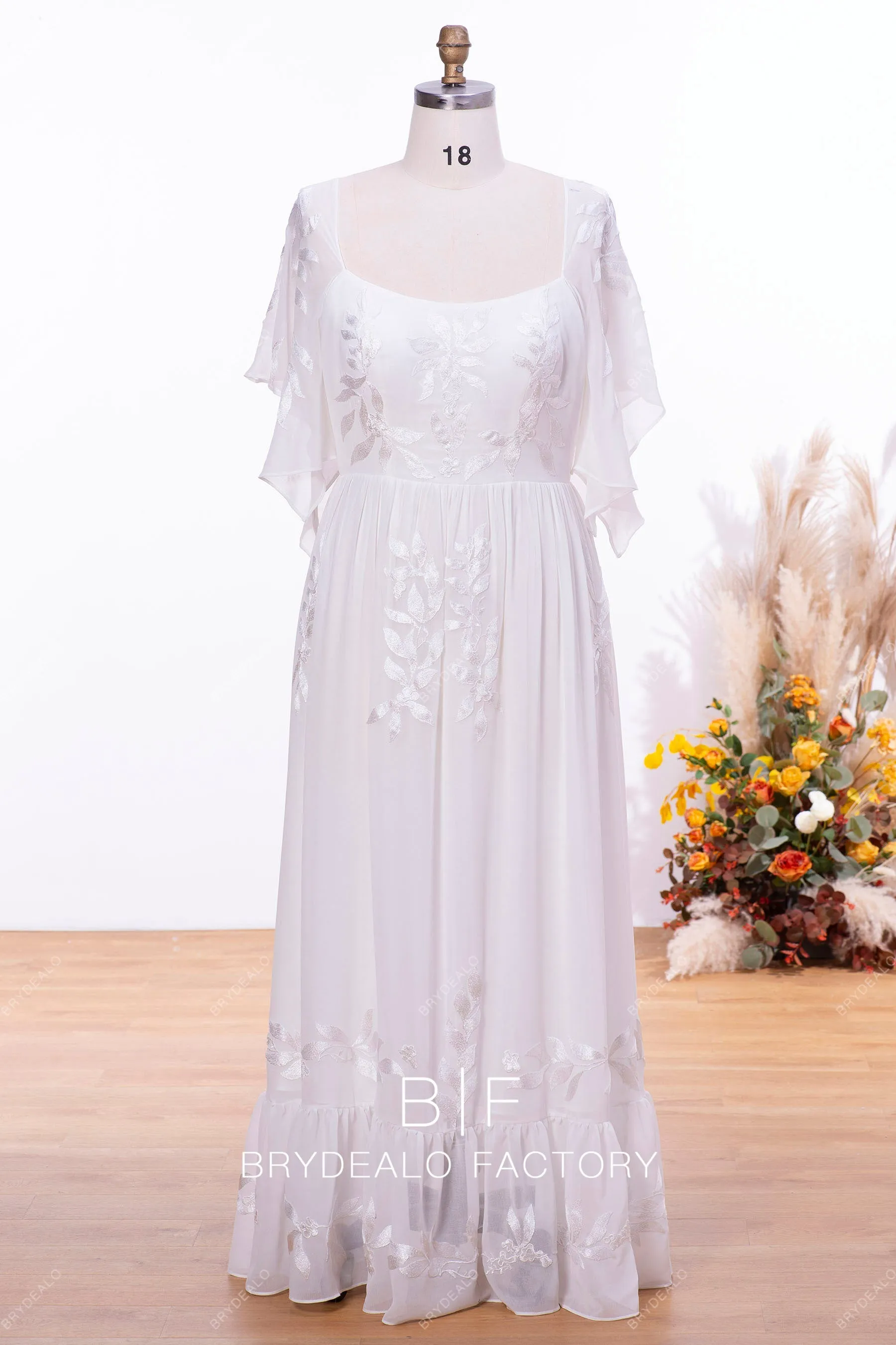 Peach Chiffon Flutter Sleeve Floor Length Plus Size Formal Dress