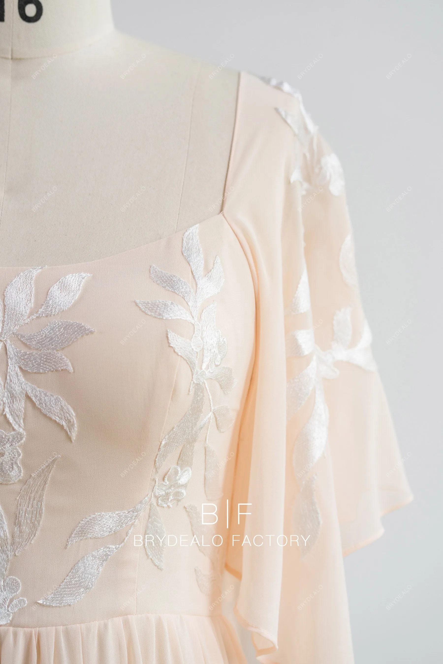 Peach Chiffon Flutter Sleeve Floor Length Plus Size Formal Dress