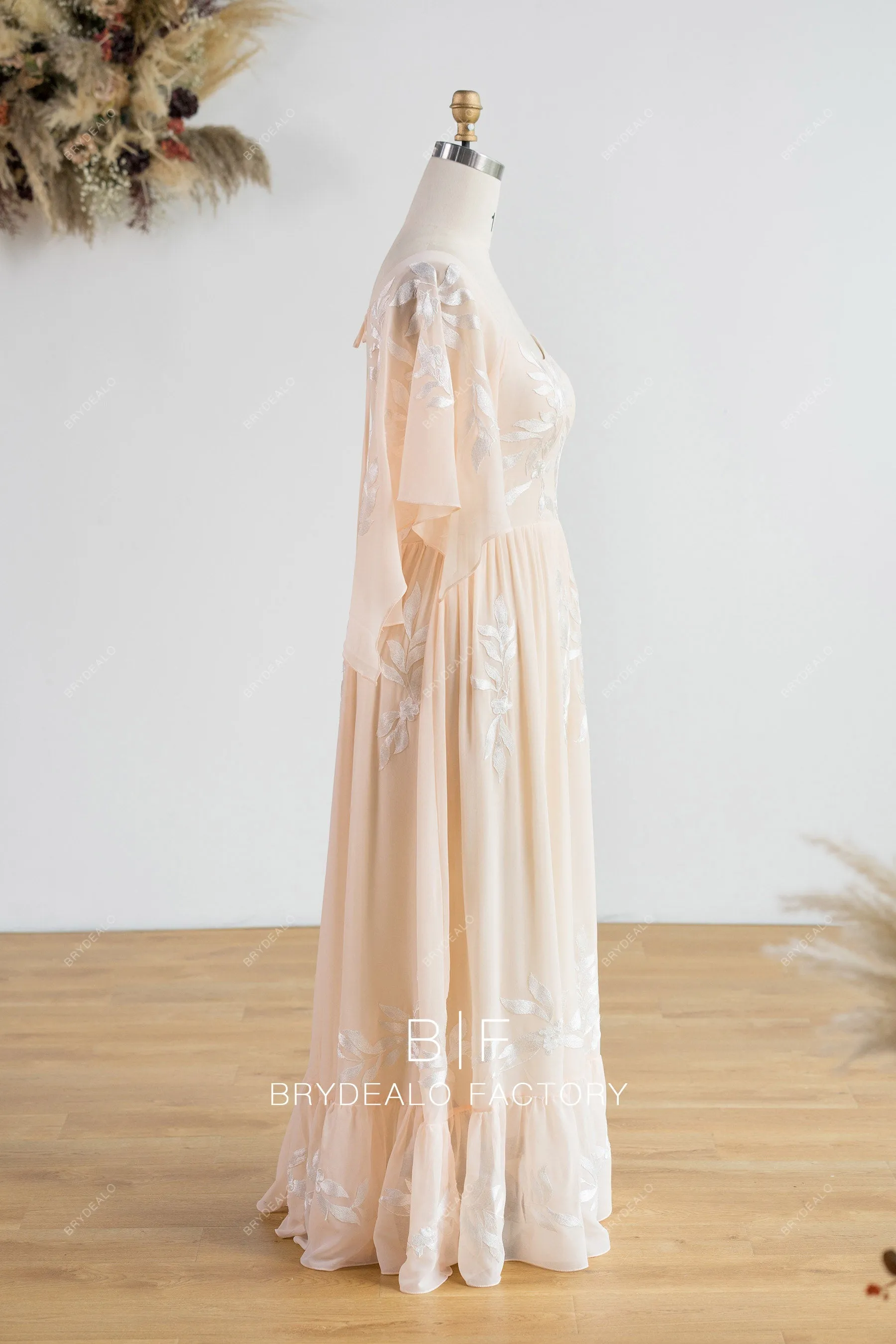 Peach Chiffon Flutter Sleeve Floor Length Plus Size Formal Dress