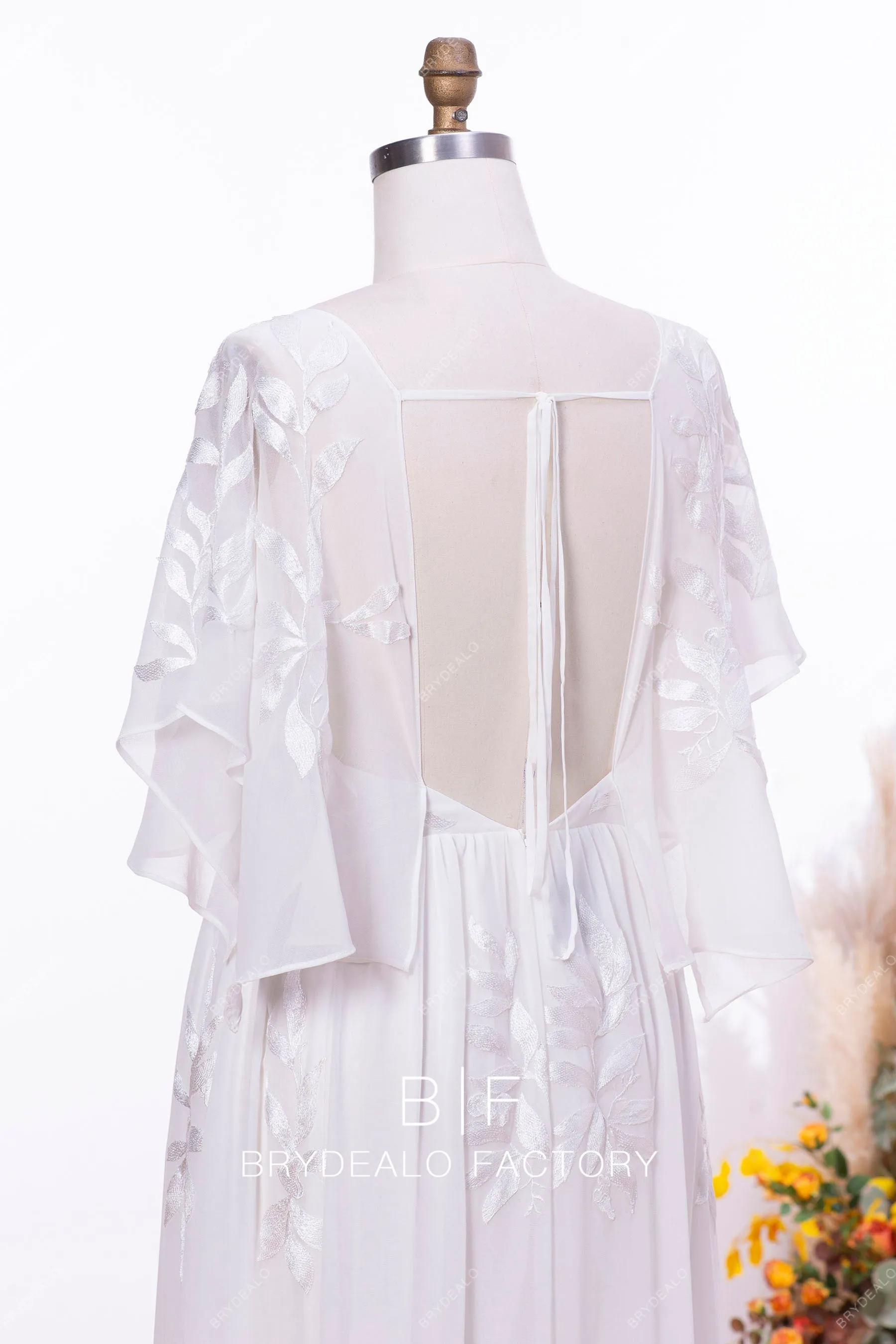 Peach Chiffon Flutter Sleeve Floor Length Plus Size Formal Dress