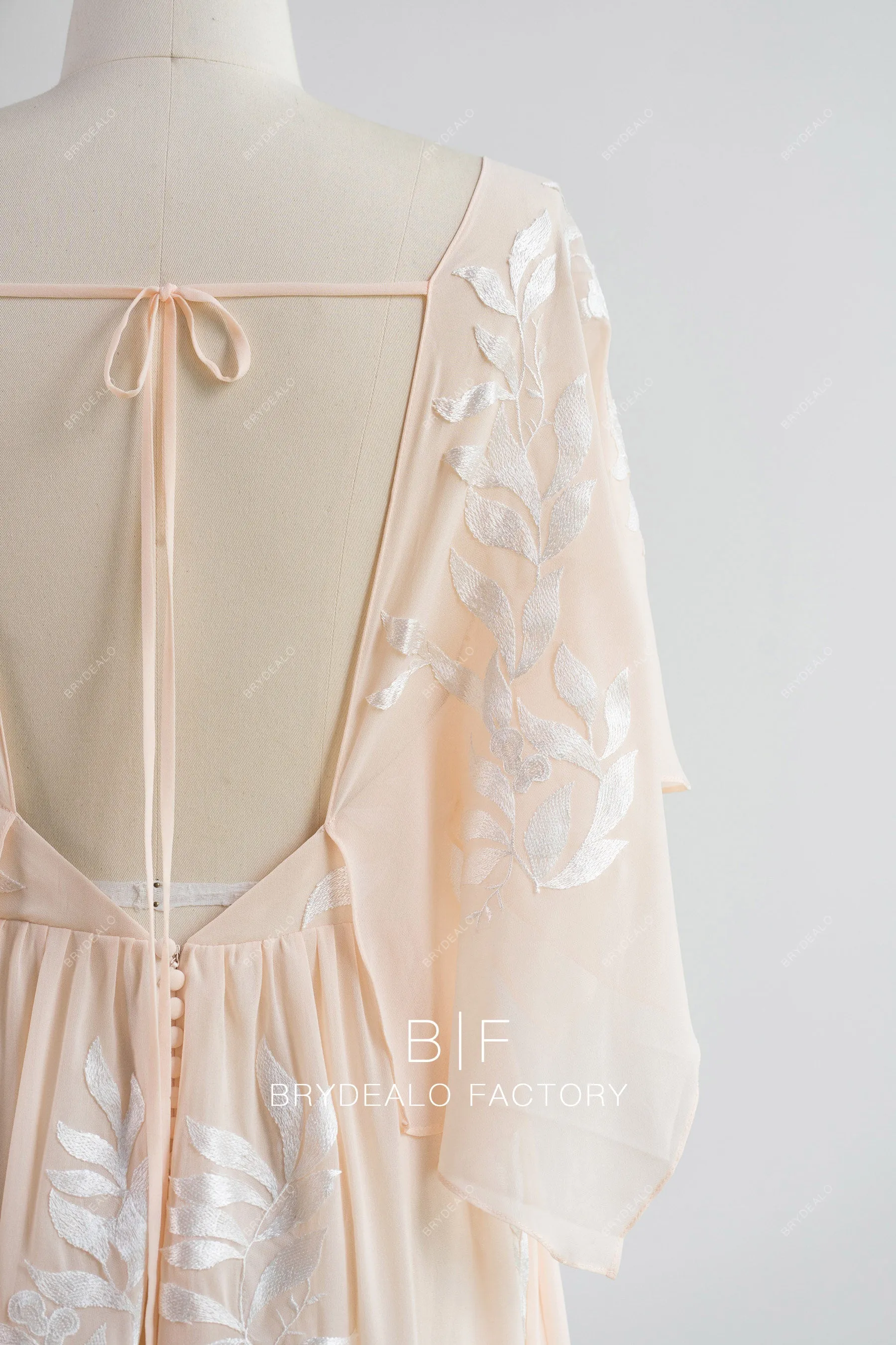 Peach Chiffon Flutter Sleeve Floor Length Plus Size Formal Dress