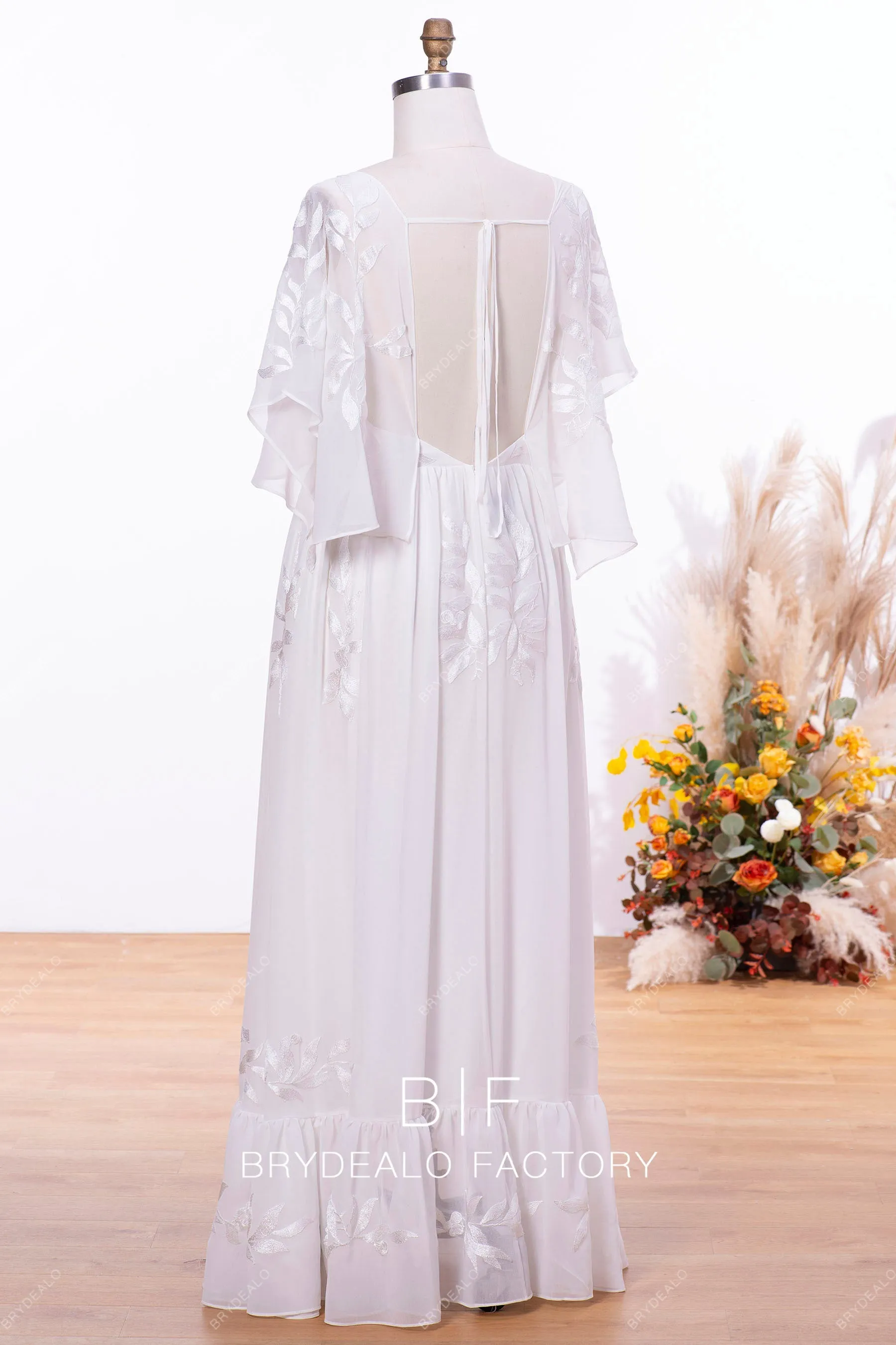 Peach Chiffon Flutter Sleeve Floor Length Plus Size Formal Dress
