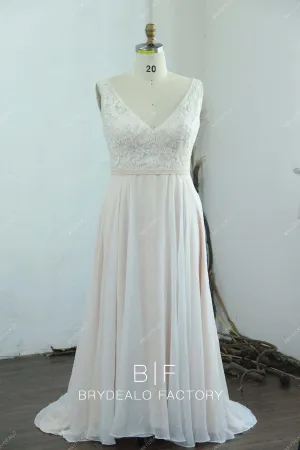 Plus Size Boho Lace Pearl Pink Sleeveless Beach Bridal Dress