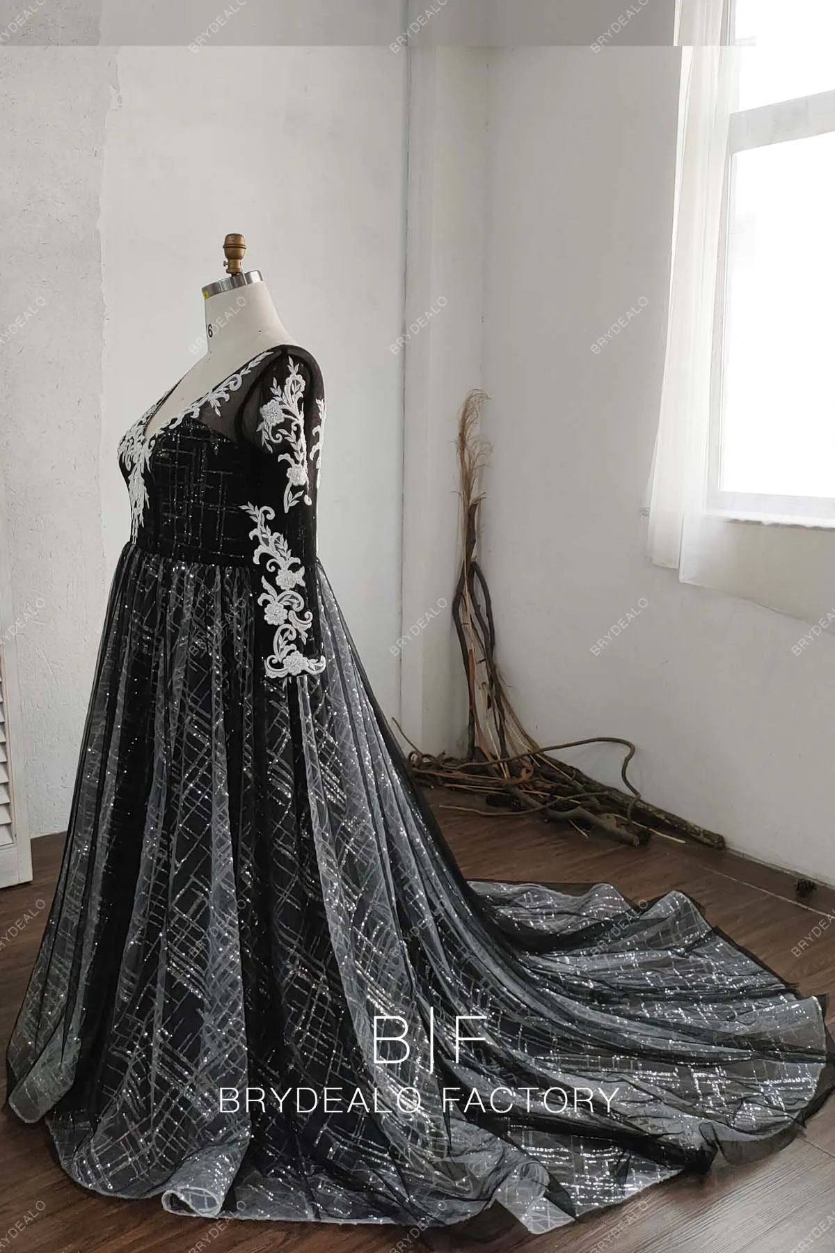 Plus Size Modern V-neck Sparkly Long Train Destination Bridal Dress