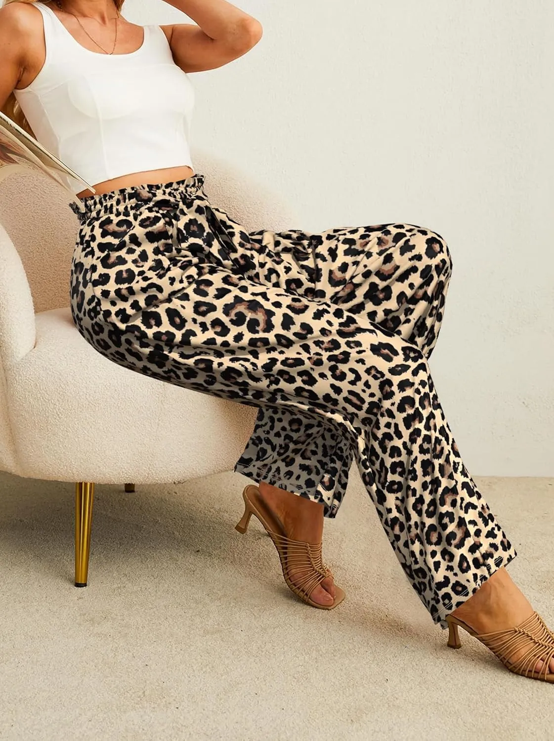 Plus Size Wide Leg Pants for Women High Waisted Adjustable Knot Flowy Leopard Casual Trousers with Pockets