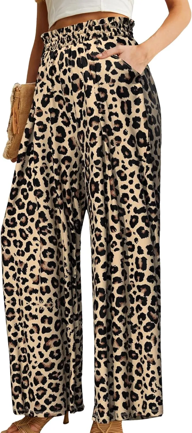 Plus Size Wide Leg Pants for Women High Waisted Adjustable Knot Flowy Leopard Casual Trousers with Pockets
