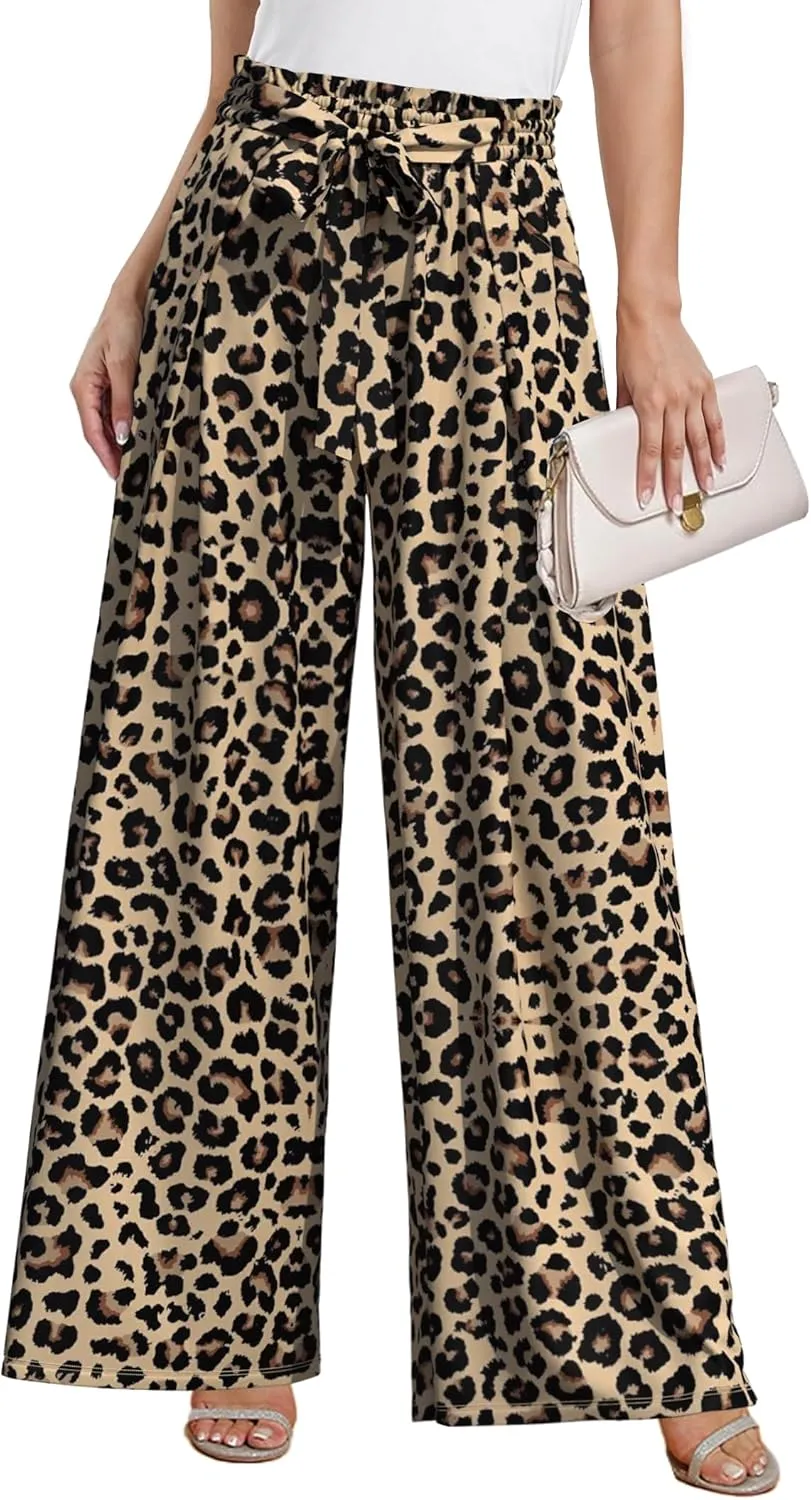 Plus Size Wide Leg Pants for Women High Waisted Adjustable Knot Flowy Leopard Casual Trousers with Pockets