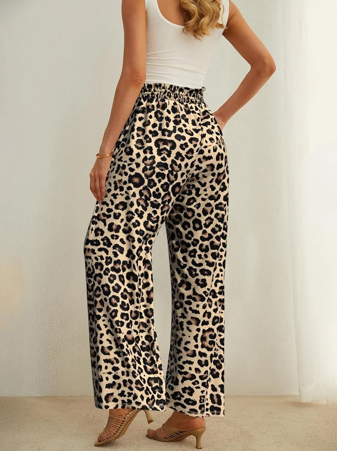 Plus Size Wide Leg Pants for Women High Waisted Adjustable Knot Flowy Leopard Casual Trousers with Pockets
