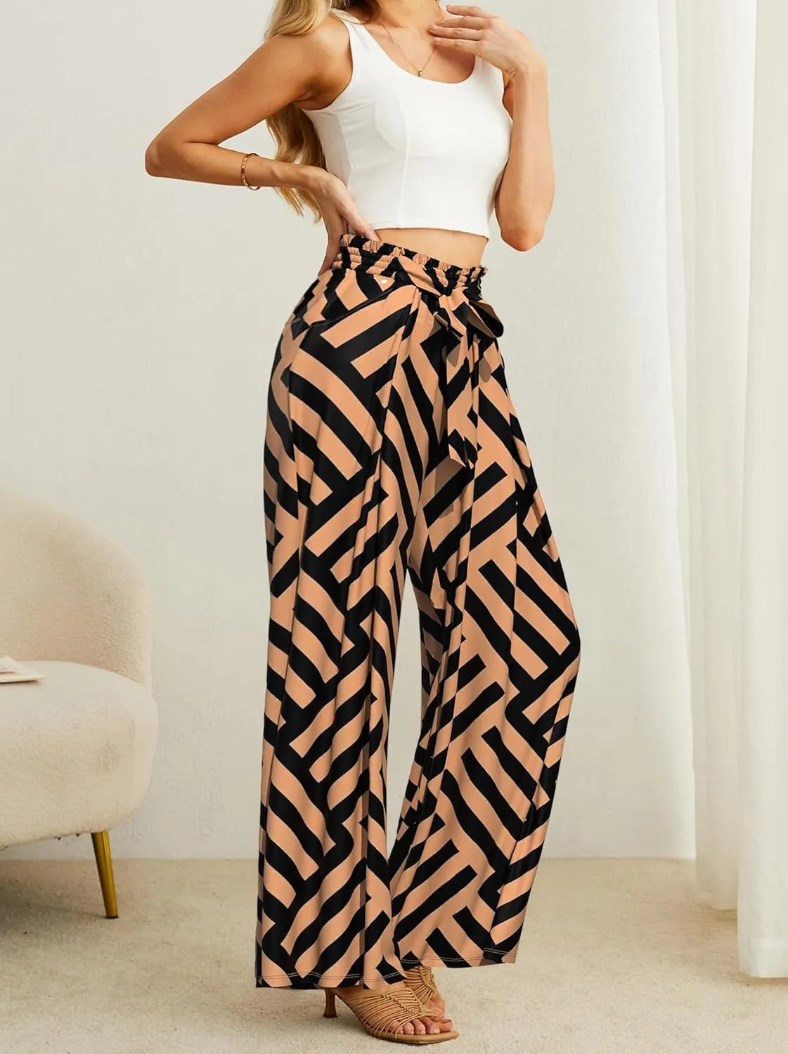 Plus Size Wide Leg Pants for Women High Waisted Adjustable Knot Flowy Leopard Casual Trousers with Pockets