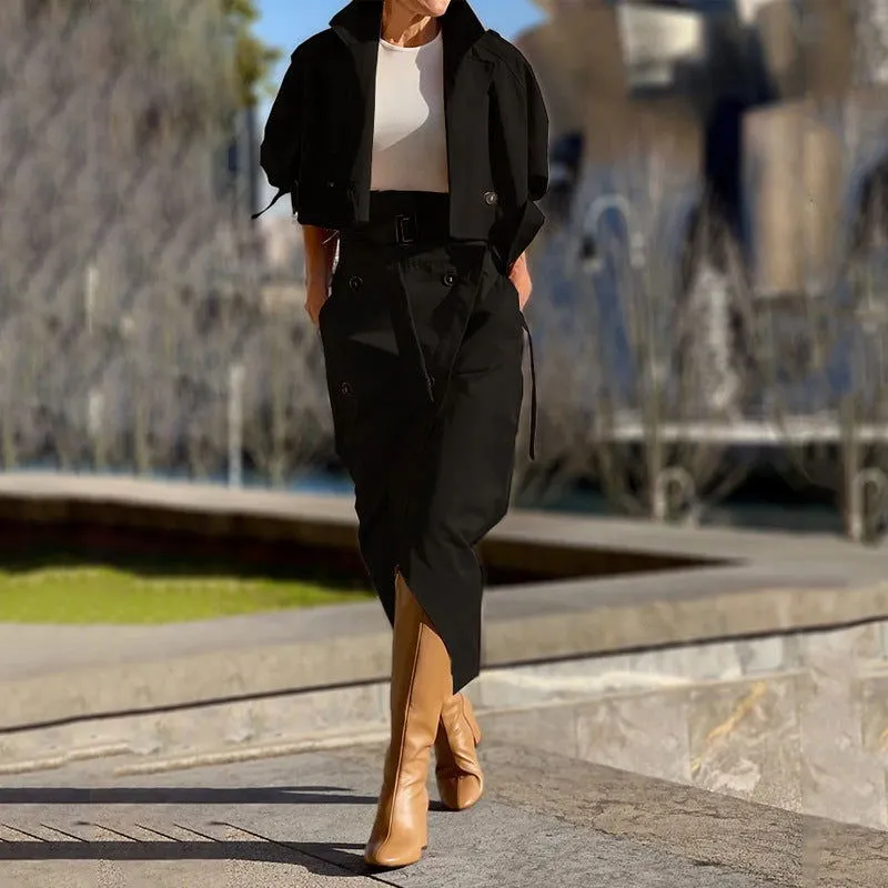 Professional Button Front Collared Shirt & Skirt with Belt Suits