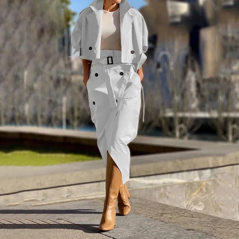 Professional Button Front Collared Shirt & Skirt with Belt Suits